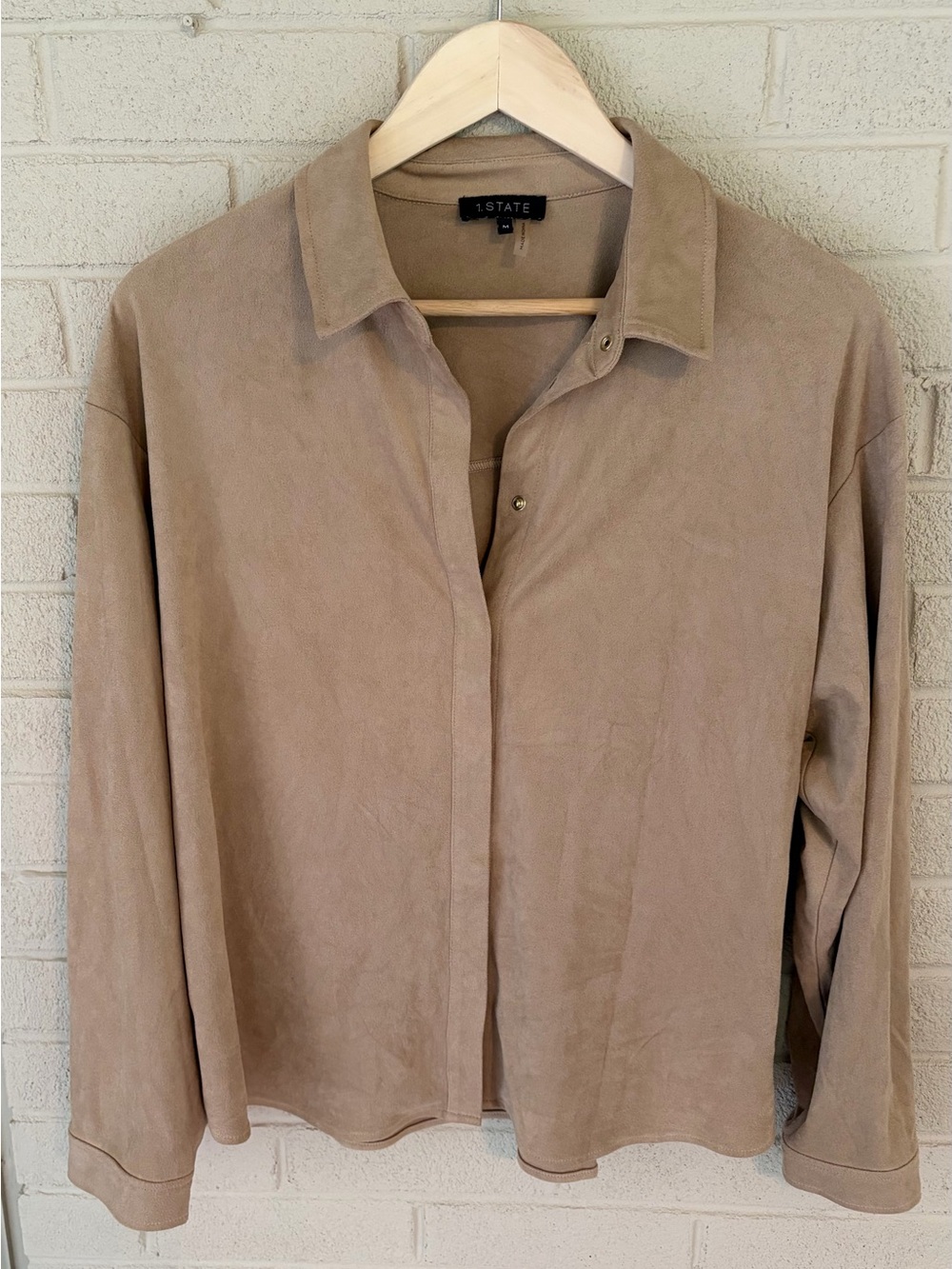 1. State Taupe Faux Suede Button-Front Shirt Medium